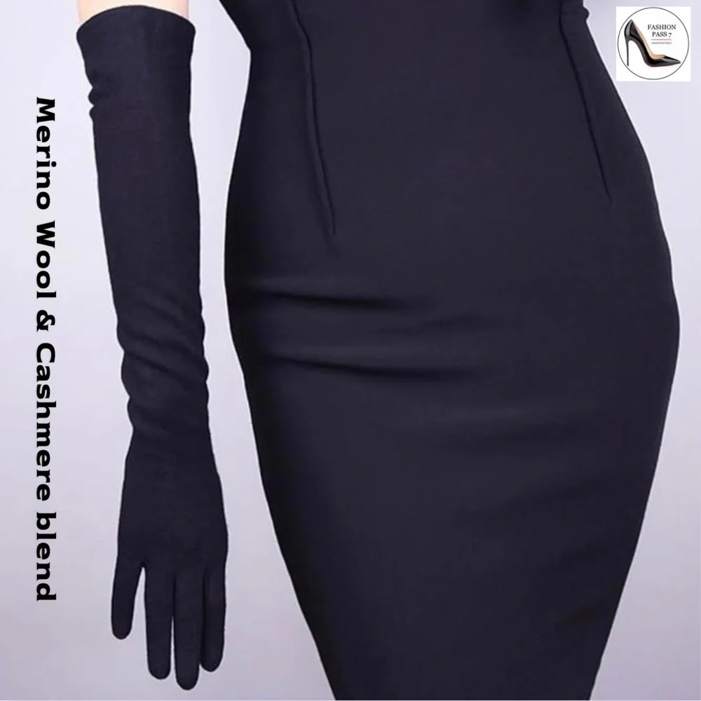Black Long Cashmere Merino Wool Gloves Luxury Elbow Length Cashmere Gloves Gift